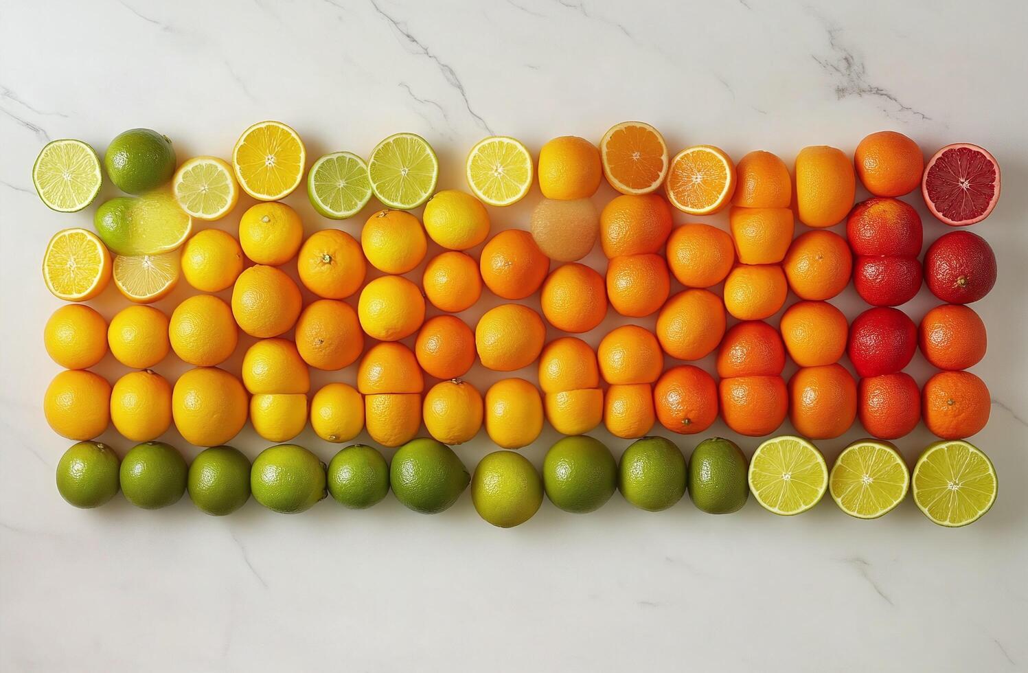 Variety of Fresh Citrus Fruits Arranged on White Marble Surface with Lime Orange and Grapefruit Halves photo