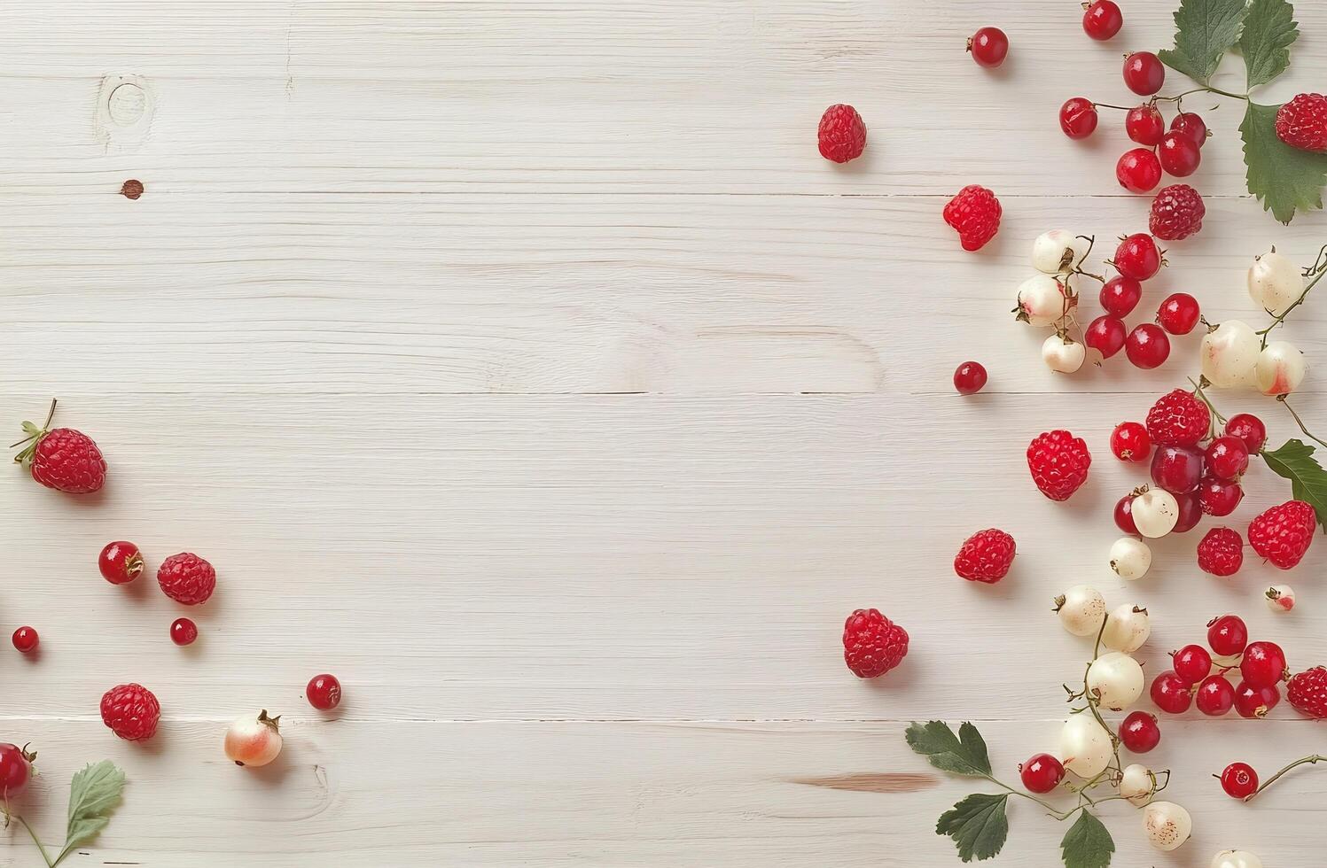 Fresh Red White Berries Raspberries Redcurrants Whitecurrants On Rustic White Wooden Background photo