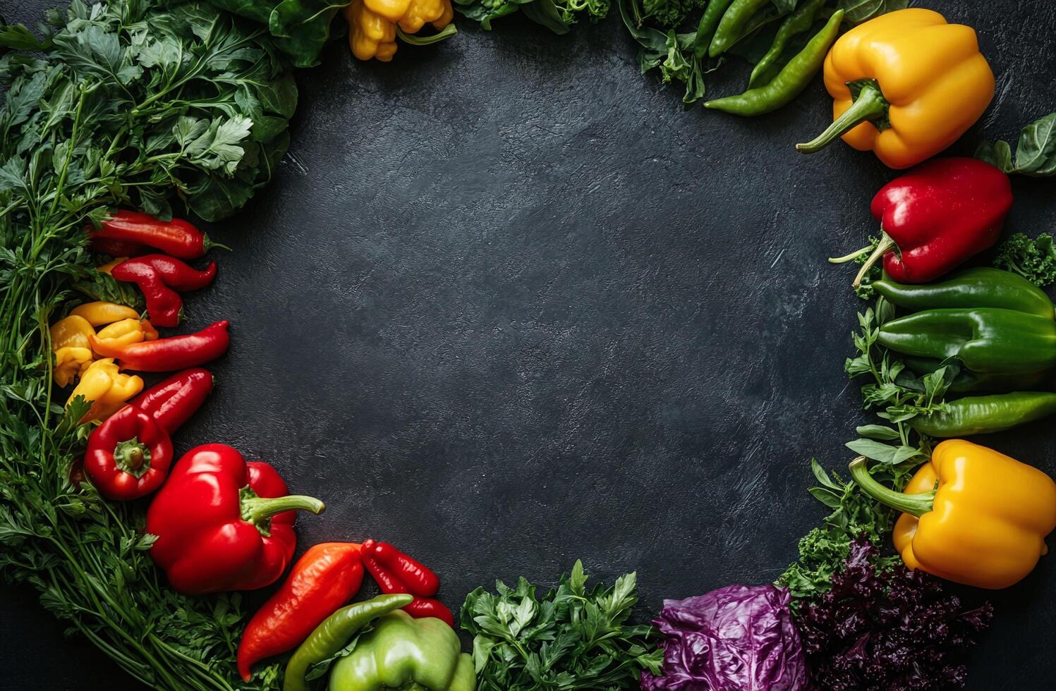 Fresh Vegetables Border with Bell Peppers Leafy Greens and Herbs on Dark Stone Background photo