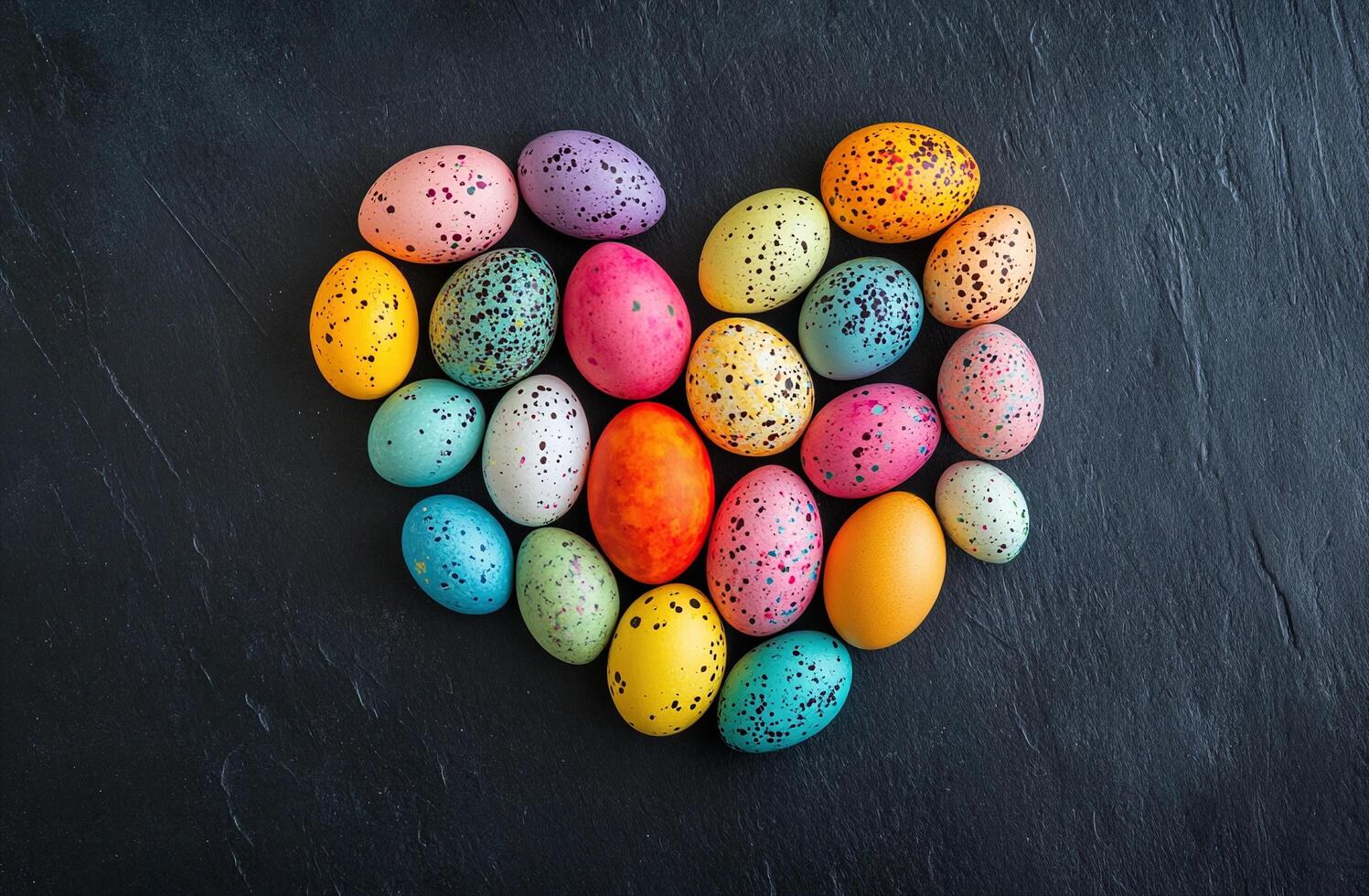Heart Shaped Arrangement of Vibrantly Colored Speckled Easter Eggs on Dark Stone Background photo