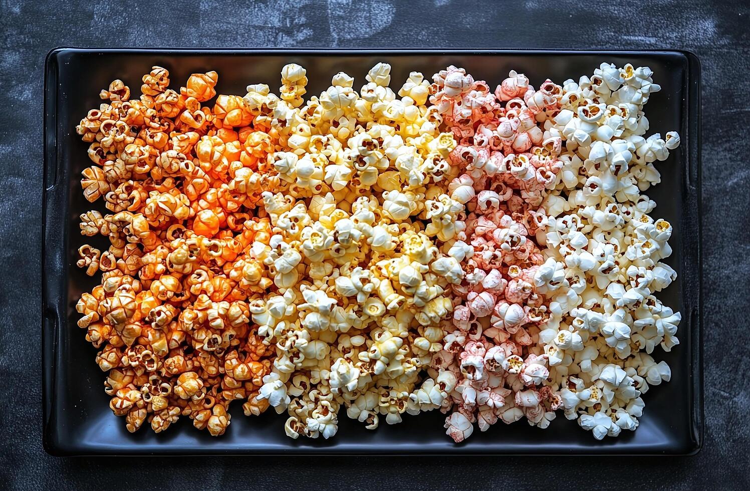 Variety of Sweet Caramel Cheddar Butter and Strawberry Popcorn on Black Plate with Dark Background photo
