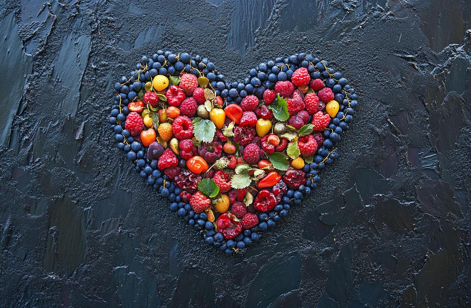 Heart Shaped Arrangement of Fresh Berries and Fruits on Textured Black Background for Healthy Living Concepts photo