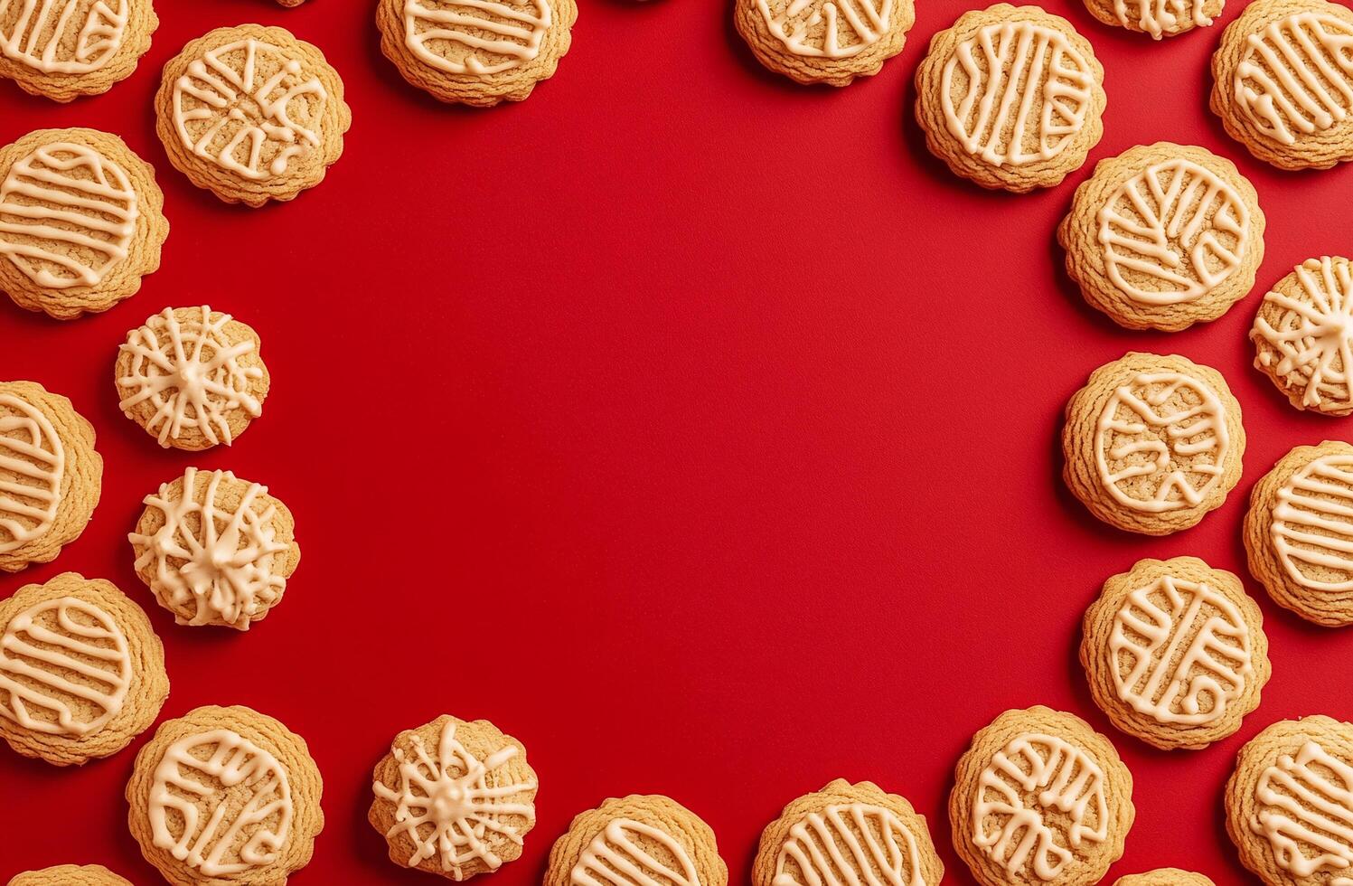 Round Cream Iced Cookies Arranged in Circle on Bright Red Background for Festive Dessert Design photo