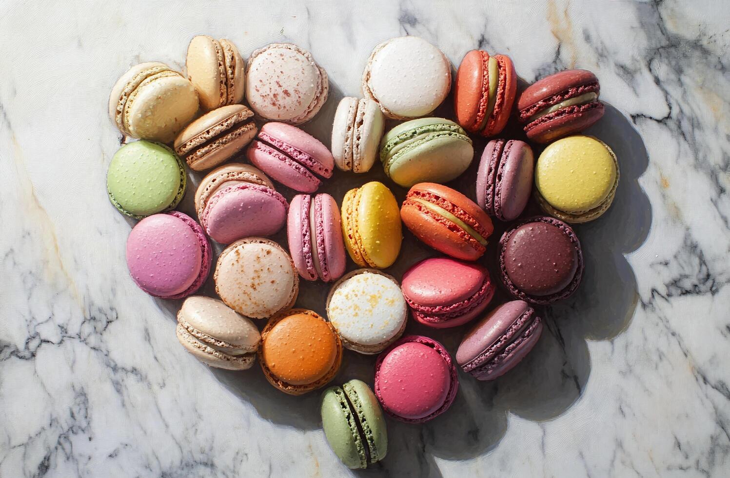 Heart Shape Arrangement of Colorful French Macarons on Marble Background with Natural Light Shadows photo