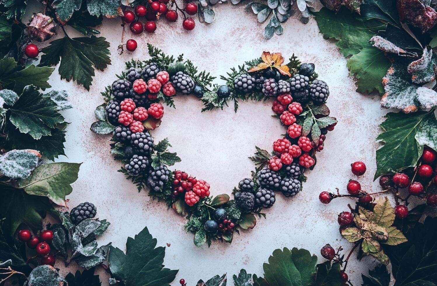 Heart Shaped Berry Wreath of Raspberries Blackberries and Greenery on Rustic White Background photo