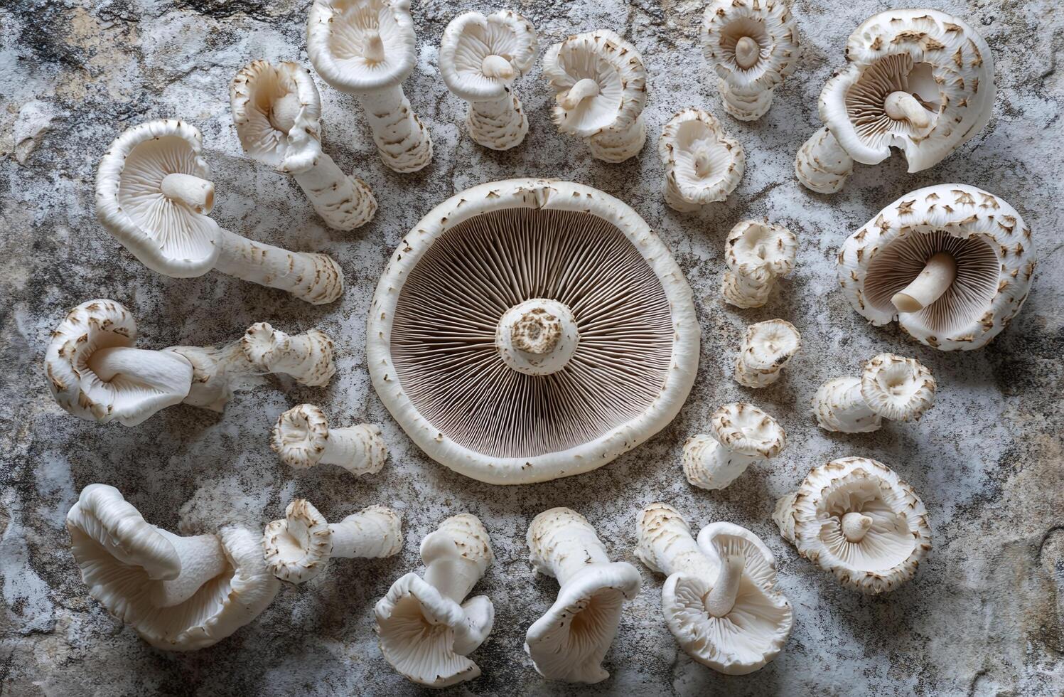 Top View of White Mushrooms and Gills on Textured Stone Background for Natural Organic Concepts photo