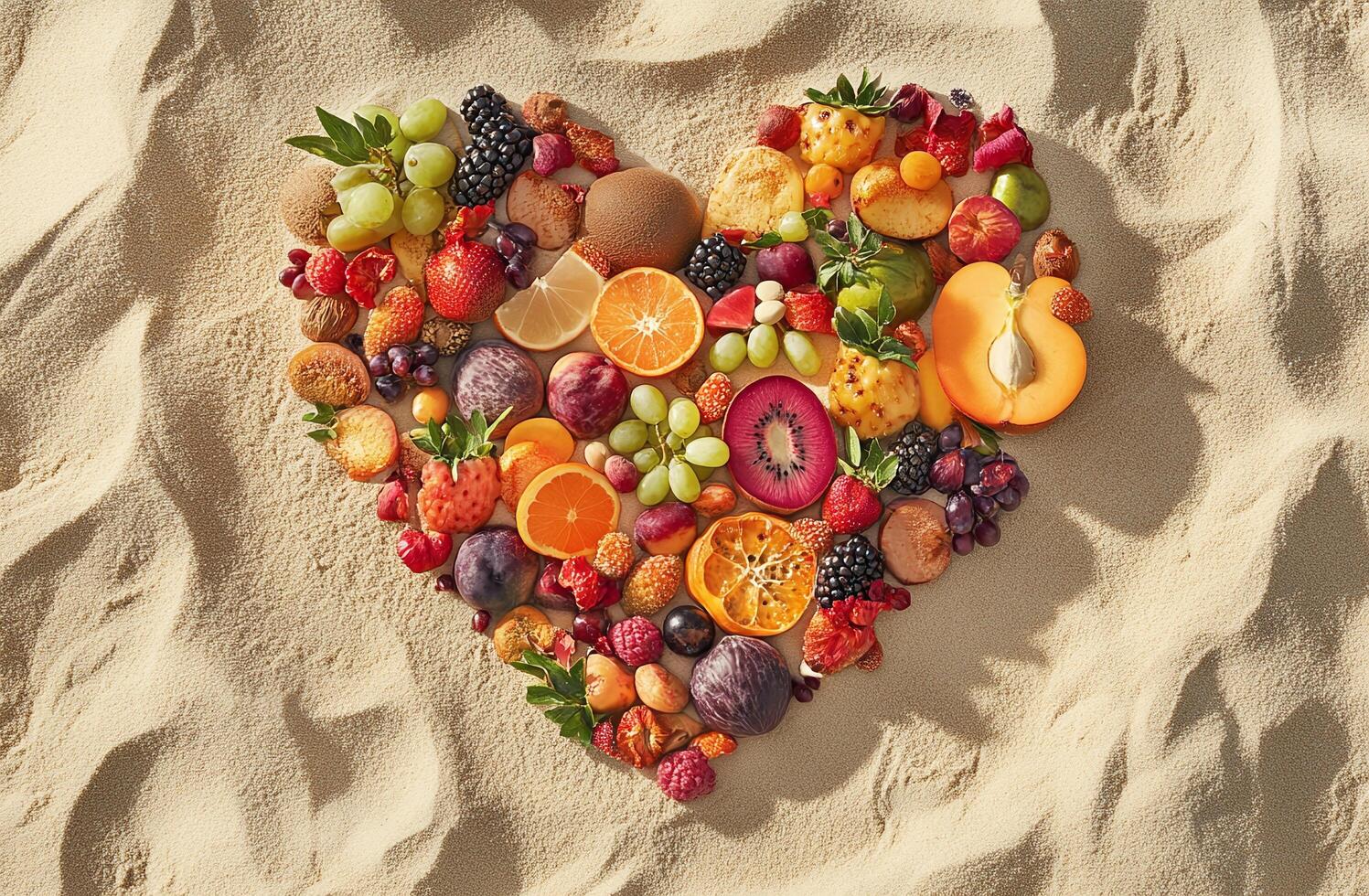 Heart Shape Made of Fresh Fruits on Sandy Background Depicting Healthy Lifestyle and Summer Vibes photo