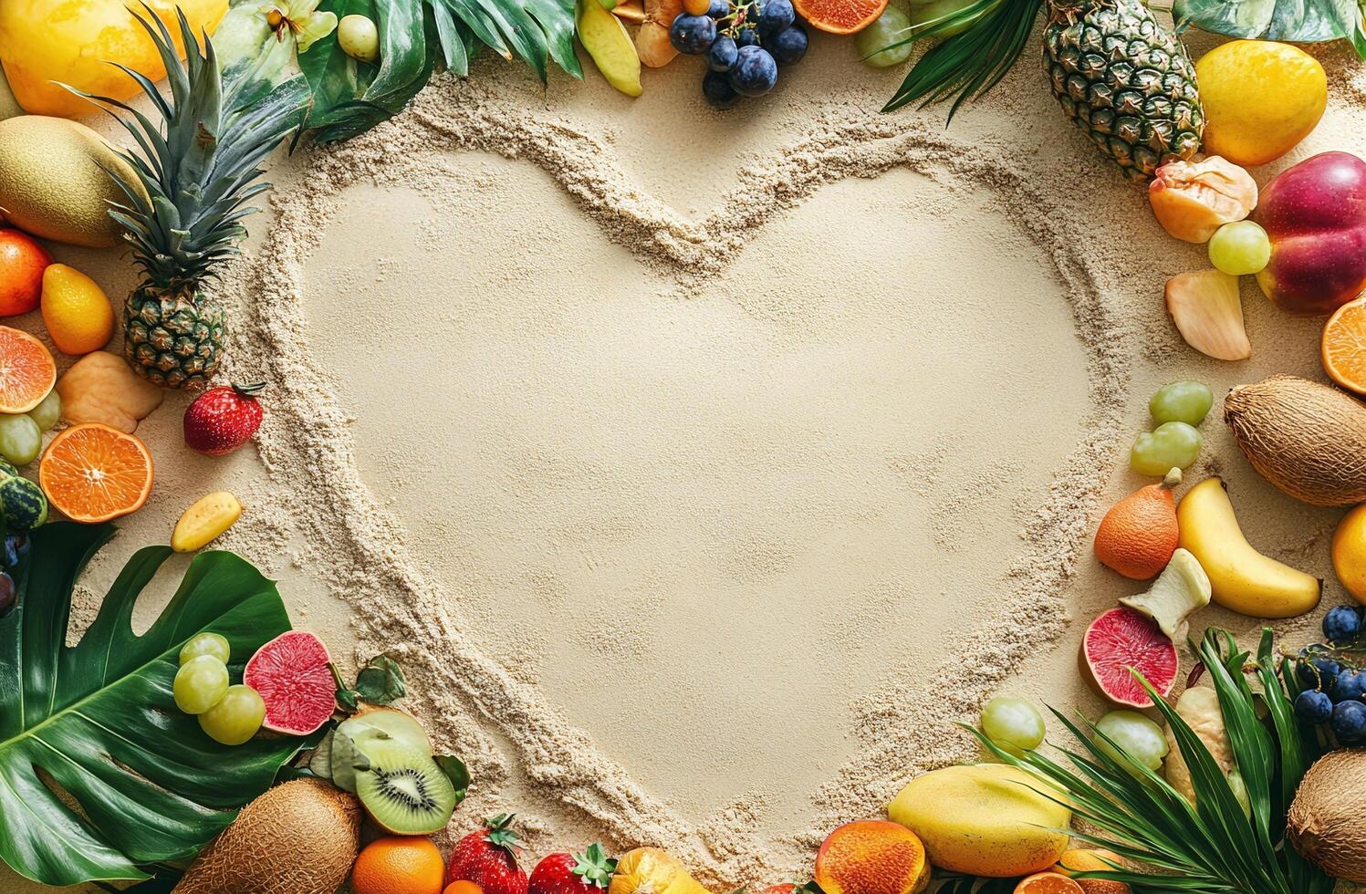 Heart Shaped Sand Frame Surrounded by Tropical Fruits and Fresh Vibrant Assorted Produce on Beach photo