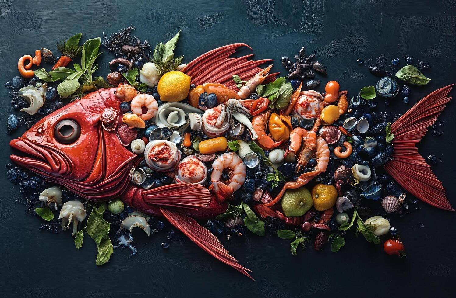 Fresh Seafood Display with Red Fish Shrimp Shellfish Citrus and Herbs on Dark Background photo