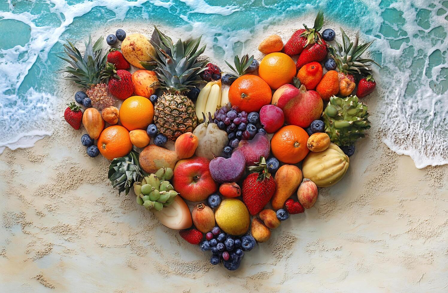 Heart Shaped Tropical Fruits Arrangement on Sandy Beach with Blue Ocean Waves in Background photo