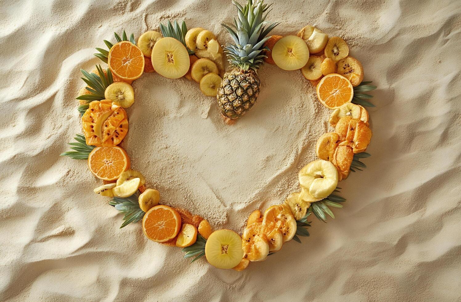 Heart Shape with Fresh Pineapple Dried Fruits and Orange Slices on Sandy Beach Background photo