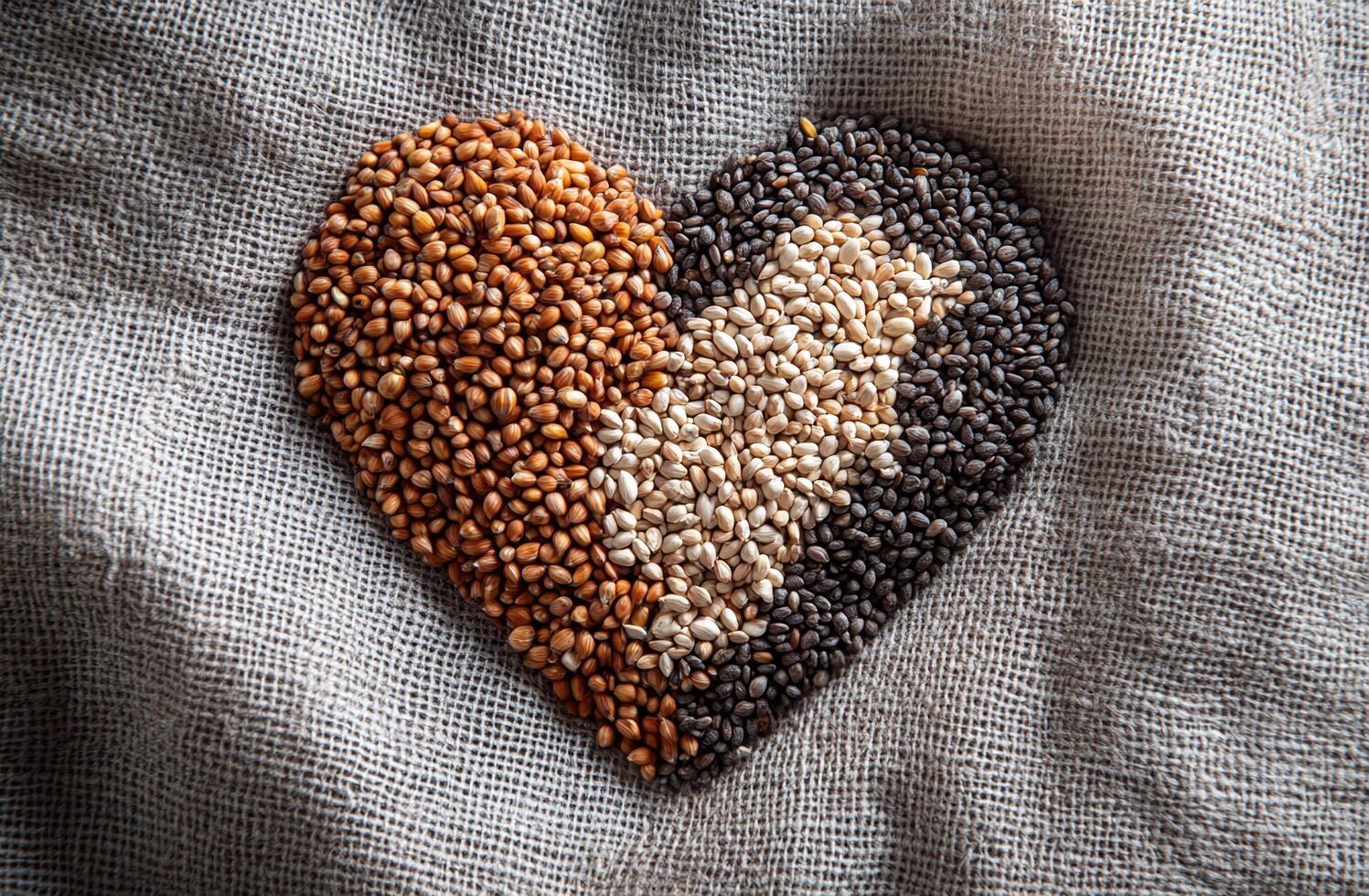 Heart Shaped Arrangement of Multicolored Grains and Seeds on Rustic Burlap Fabric Background photo