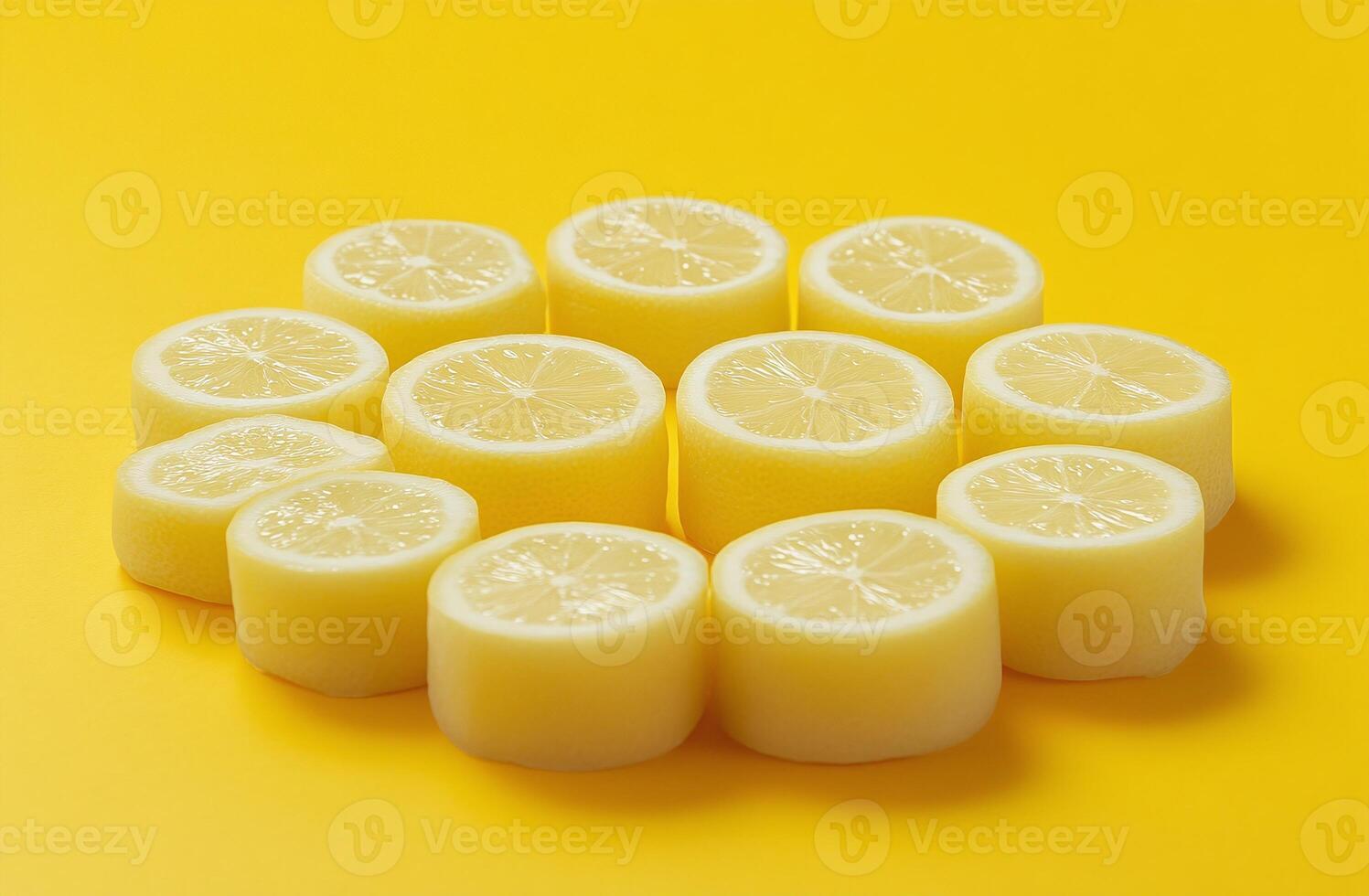 Sliced Lemon Patterns on Vivid Yellow Background Minimalist Food Concept photo