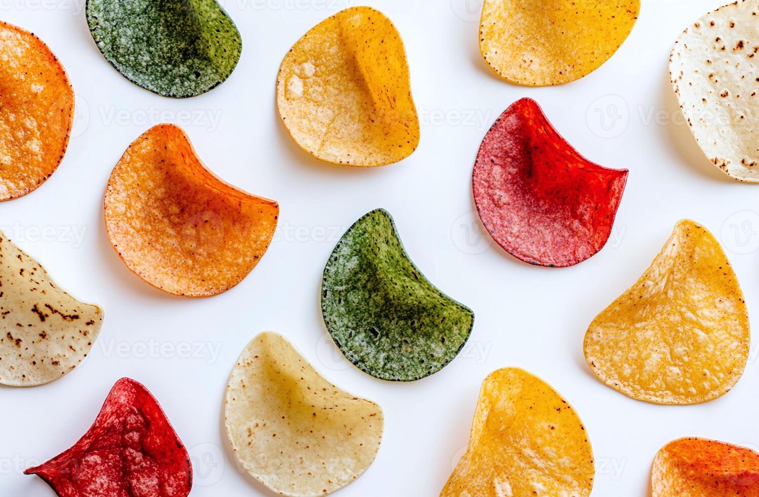 Top View of Assorted Multicolored Vegetable Chips on White Background for Healthy Snacking photo