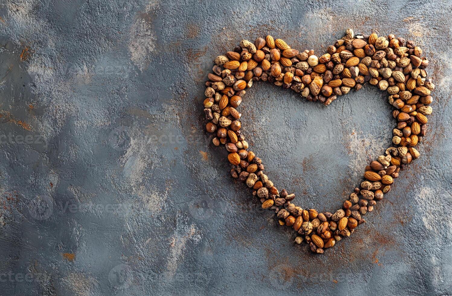Heart Shape Made of Mixed Nuts on Textured Gray Concrete Background for Health and Food Concept photo