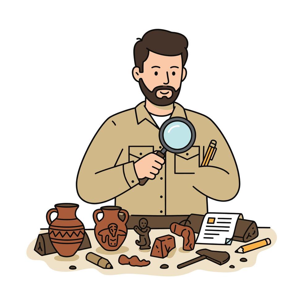An illustration of a man looking at artifacts vector