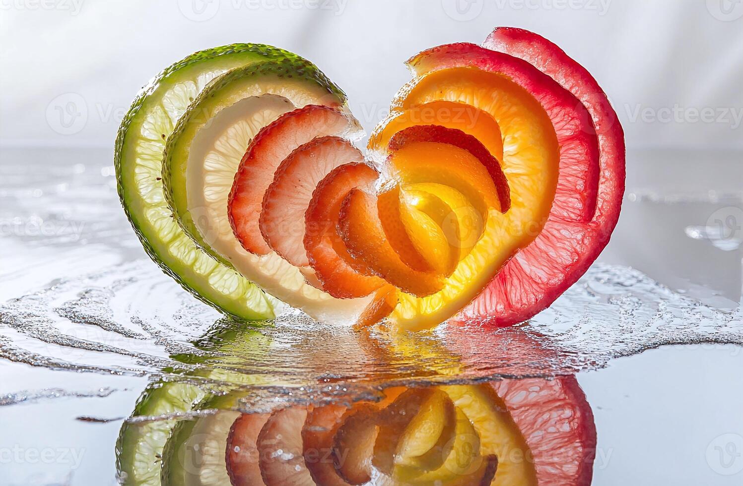 Heart Shaped Citrus Fruit Slices with Strawberry and Orange on Reflective Wet Surface photo