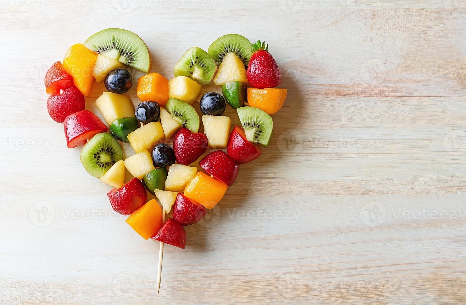Heart Shaped Mixed Fruit Arrangement with Strawberries Kiwi Mango on Wooden Background photo