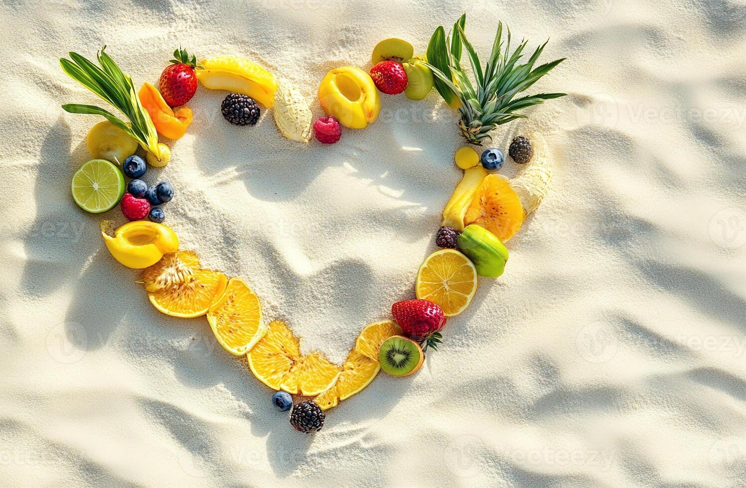 Heart Shape Made of Tropical Fresh Fruits on Sandy Beach with Sunlight Shadows for Summer Concept photo