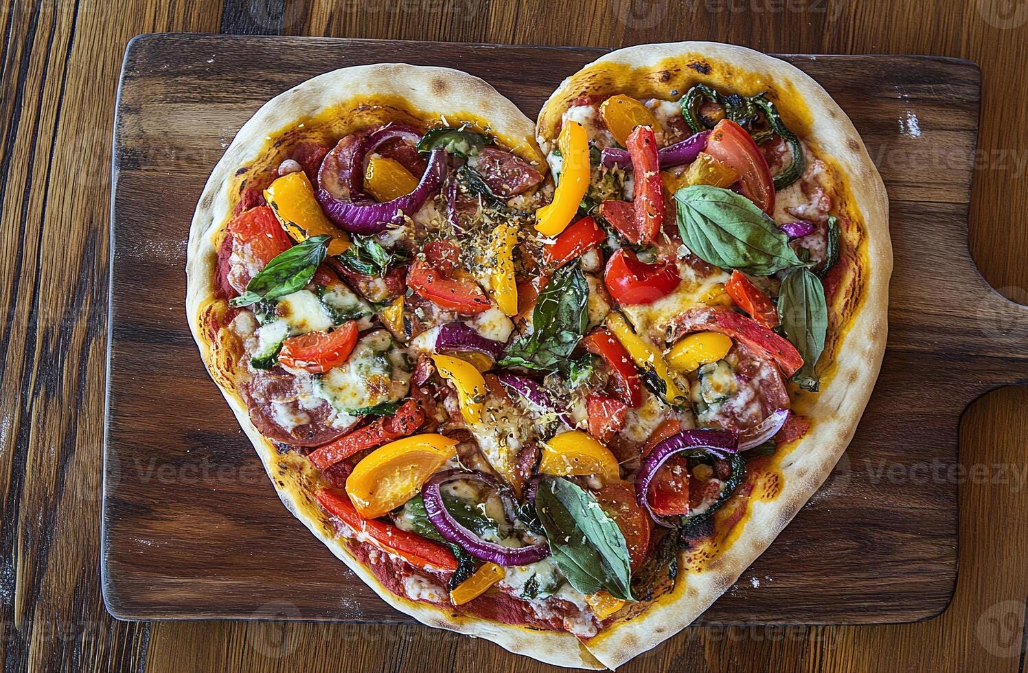 Heart Shaped Pizza with Fresh Vegetables Mozzarella Cheese and Basil on Wooden Cutting Board photo