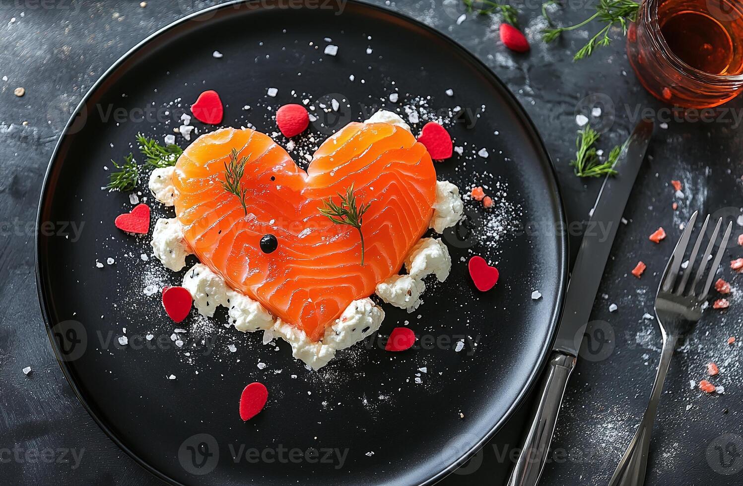 Heart Shaped Salmon Sashimi with Dill and Cream Cheese Garnished on Black Plate Romantic Presentation photo