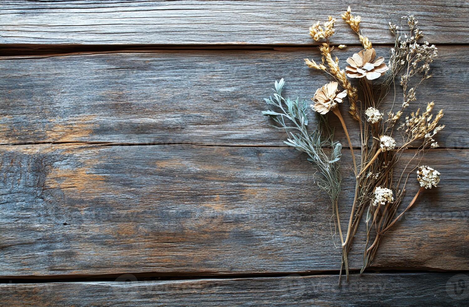 Rustic Dried Flowers Arrangement on Weathered Wooden Plank Background for Natural Rustic Decor photo