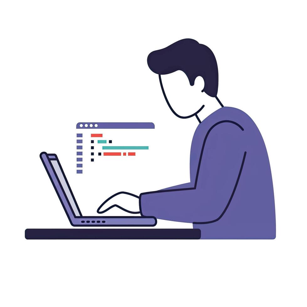 A man is working on a laptop with a program on it vector