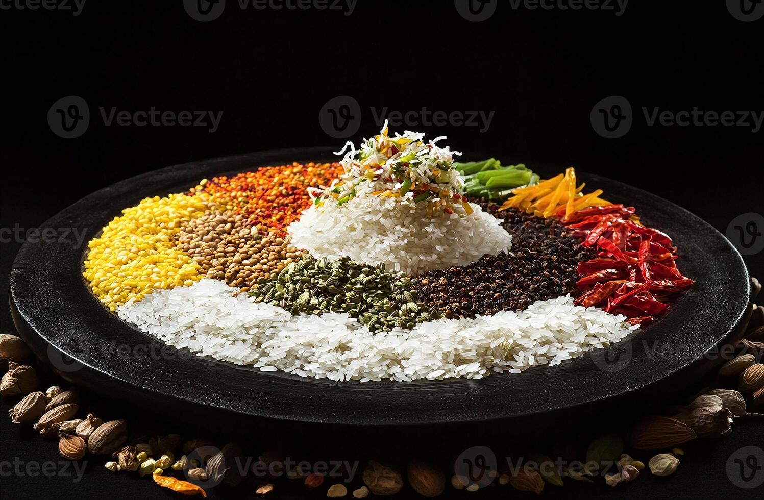 Assorted Grains Rice and Spices Arranged in Circular Pattern on Black Plate with Dark Background photo