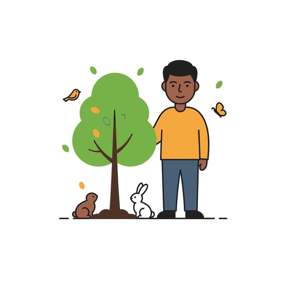 A man standing next to a tree with a rabbit and birds vector