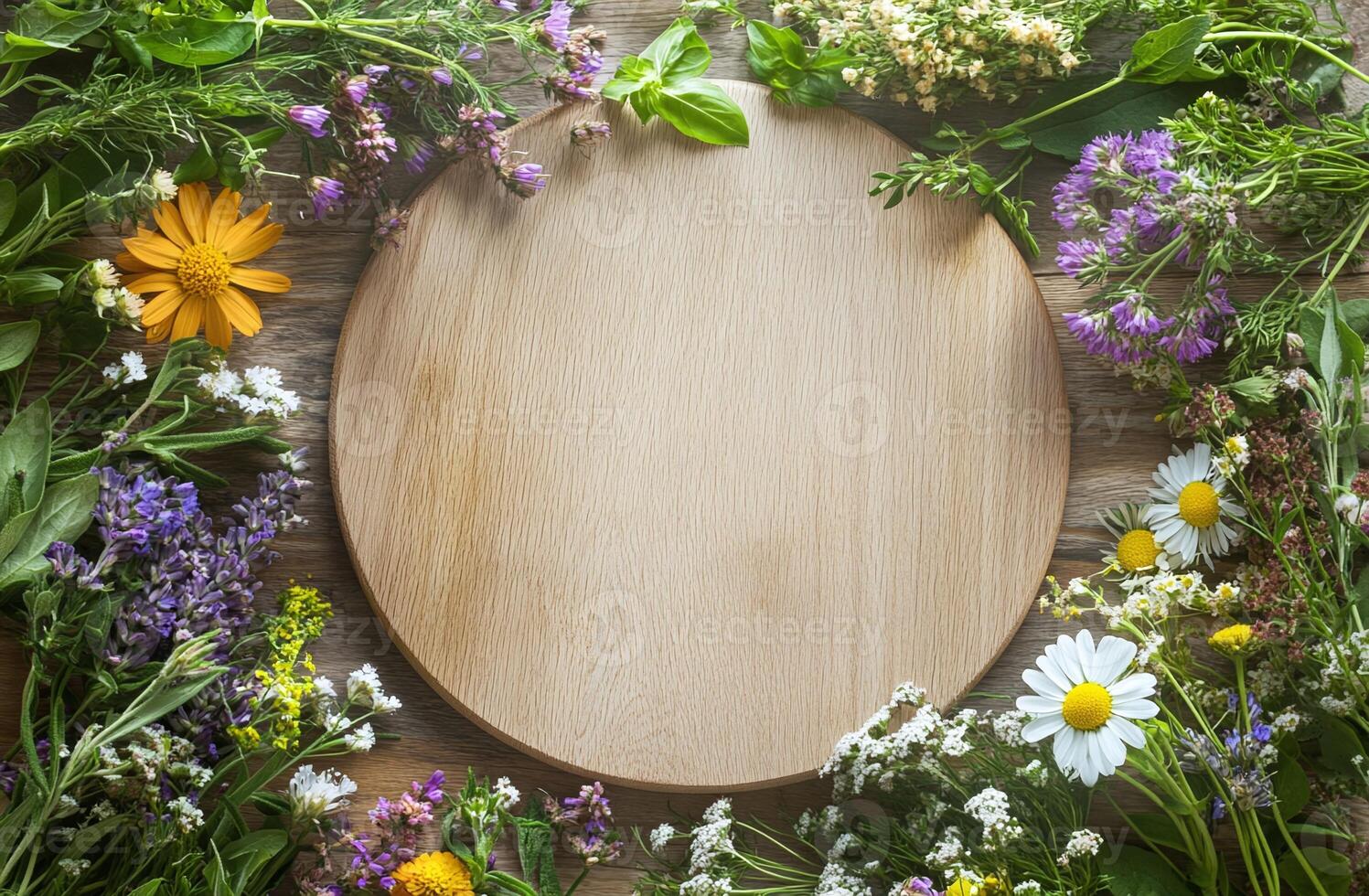 Wooden Round Board Surrounded by Colorful Spring Flowers and Green Herbs on Rustic Wooden Table photo