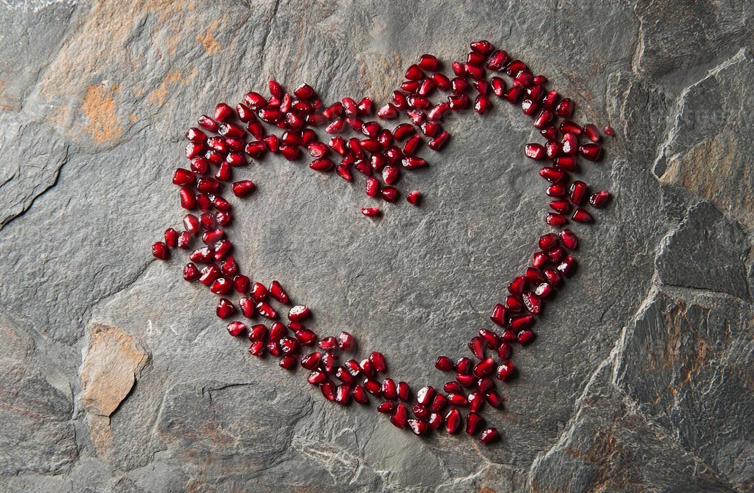 Heart Shape Made with Red Pomegranate Seeds on Rustic Gray Stone Background for Love Symbolism photo
