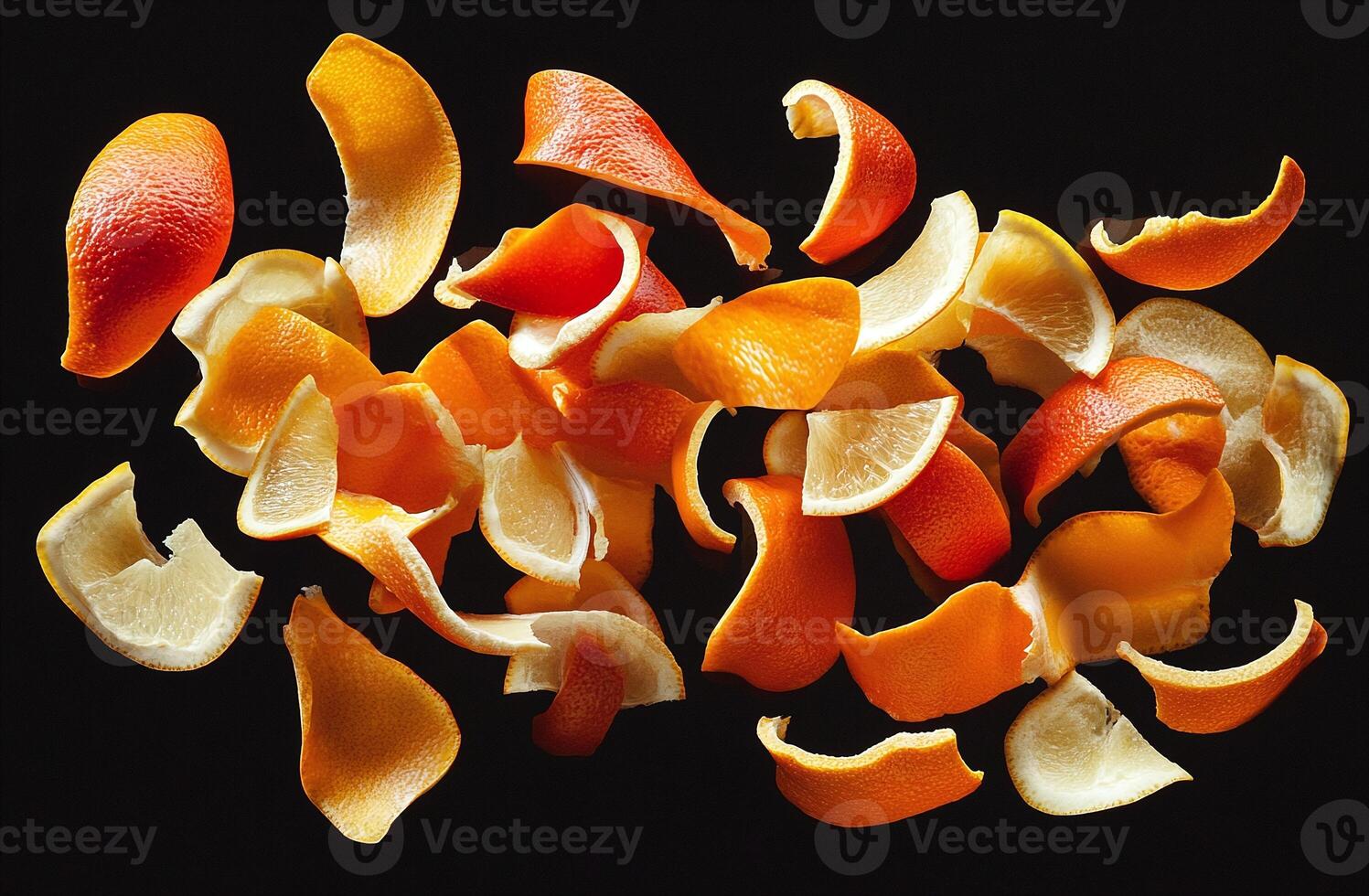 Vibrant Orange And Lemon Citrus Peel Slices Floating On Black Background For Food And Drink Concepts photo