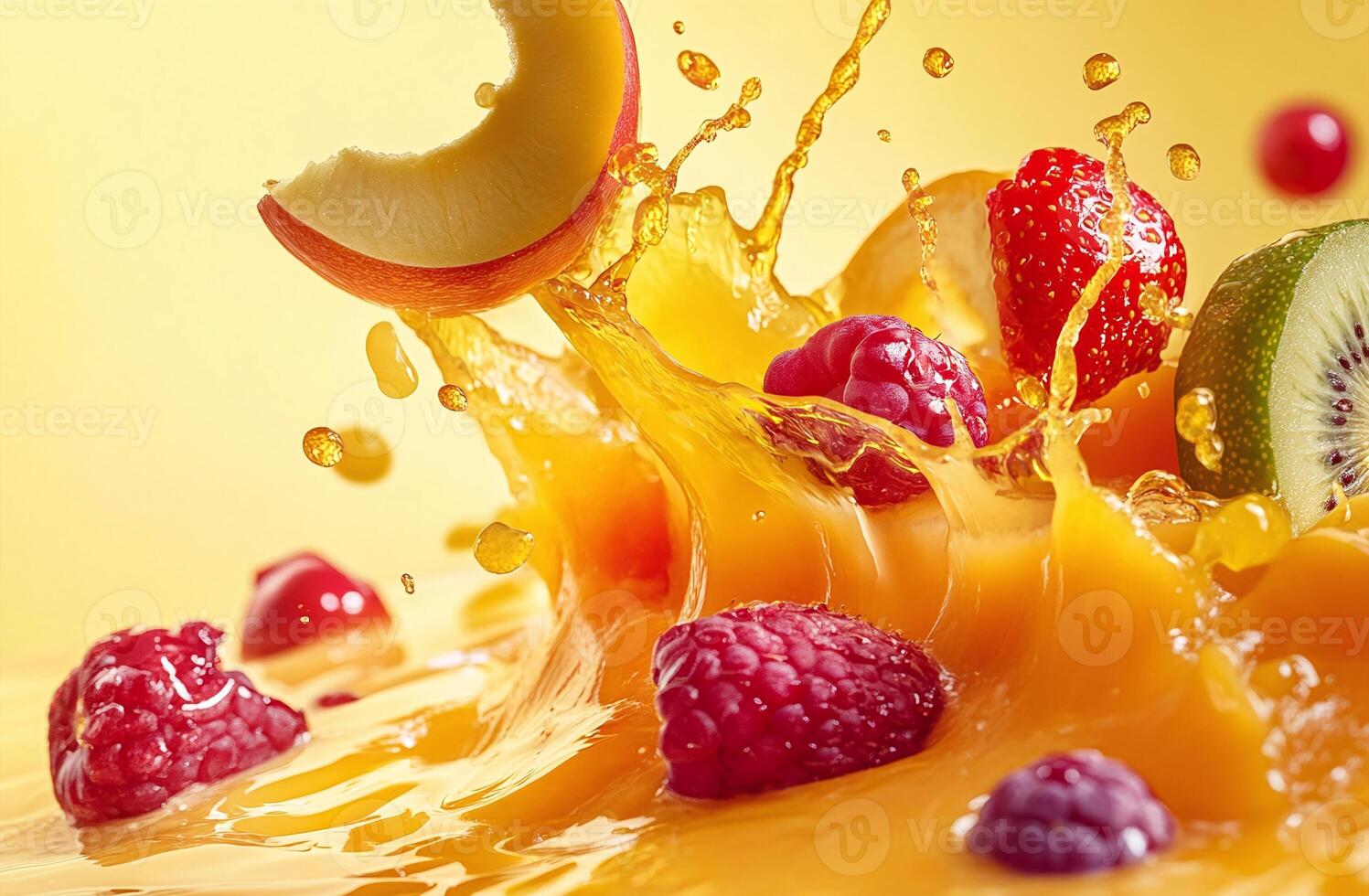 Fresh Mixed Fruits Splashing in Orange Juice with Raspberries Kiwis Strawberries and Peach on Yellow Background photo