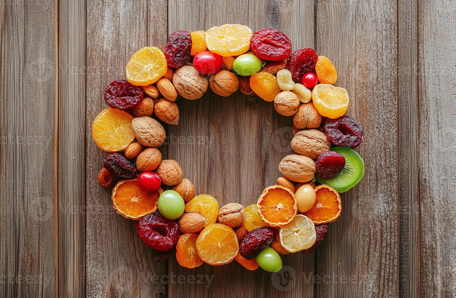 Dried Fruits And Nuts Wreath On Rustic Wooden Background For Holiday Decor Or Healthy Snack Inspiration photo