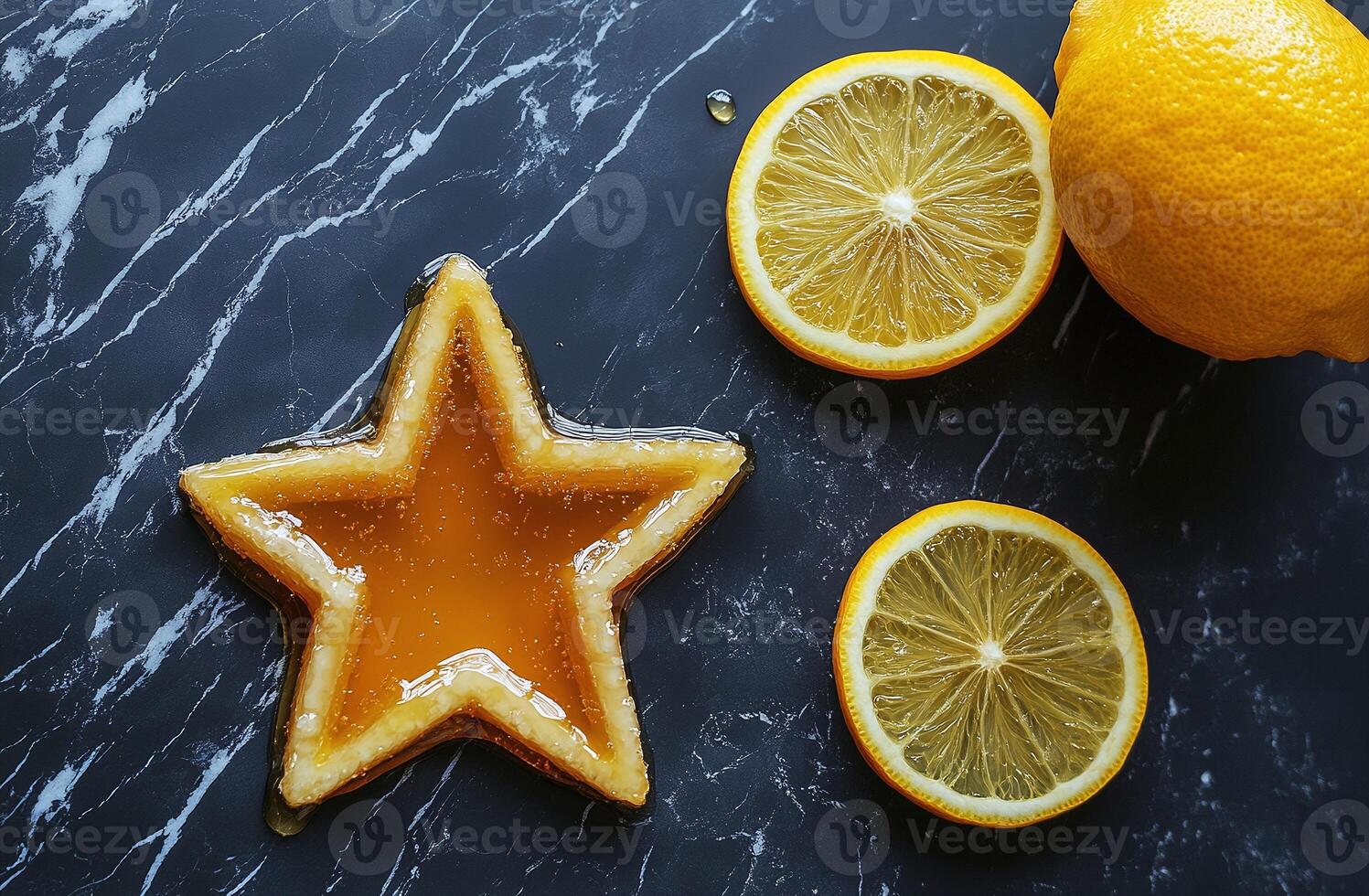 Star Shaped Honey Drizzle with Fresh Lemon Slices on Dark Marble Background Citrus Dessert Concept photo