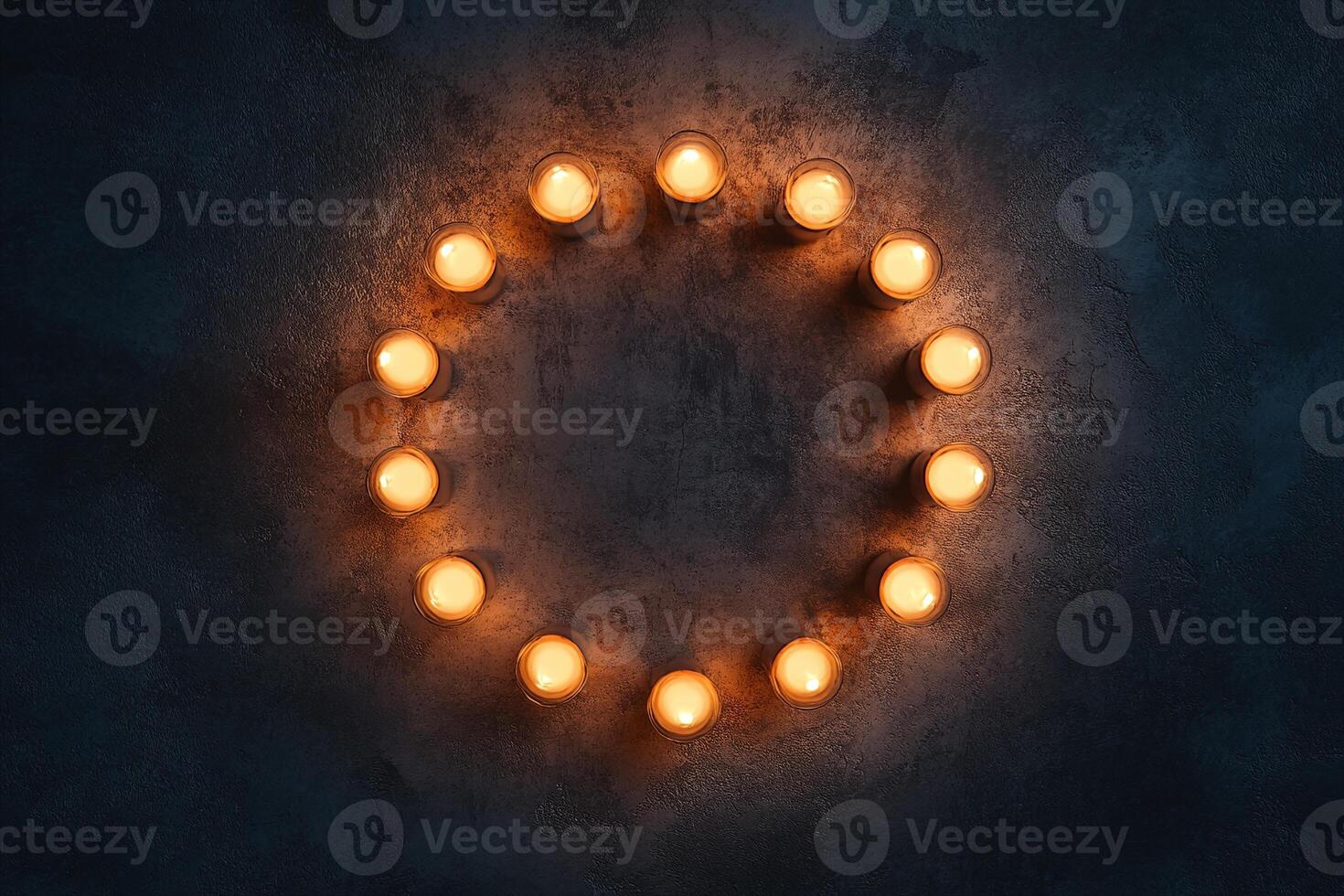 Circle of Warm Glowing Candles on Dark Rustic Background for Calm Peaceful Atmosphere photo