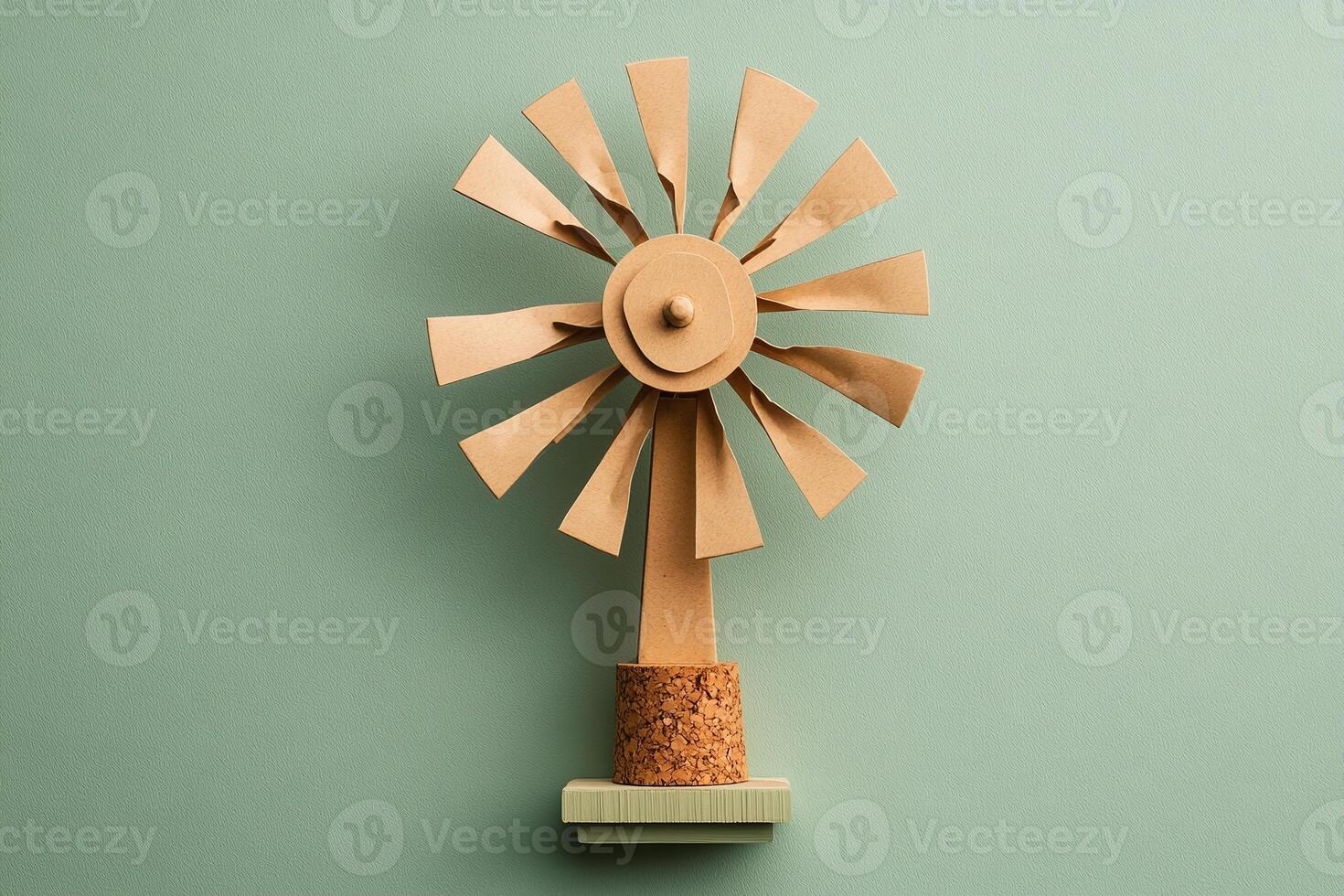 Handcrafted Paper Windmill Sculpture on Pastel Green Textured Wall With Cork Base Minimalist Design photo