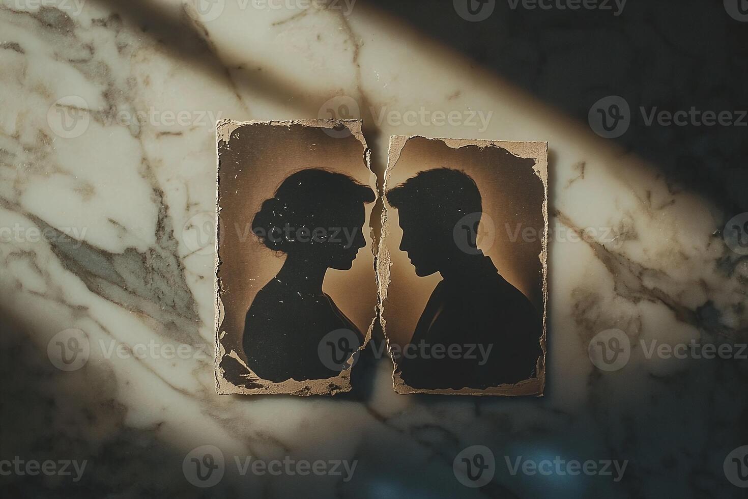 Vintage Torn Silhouette Portraits of Couple on Marble Background with Shadow Effects photo