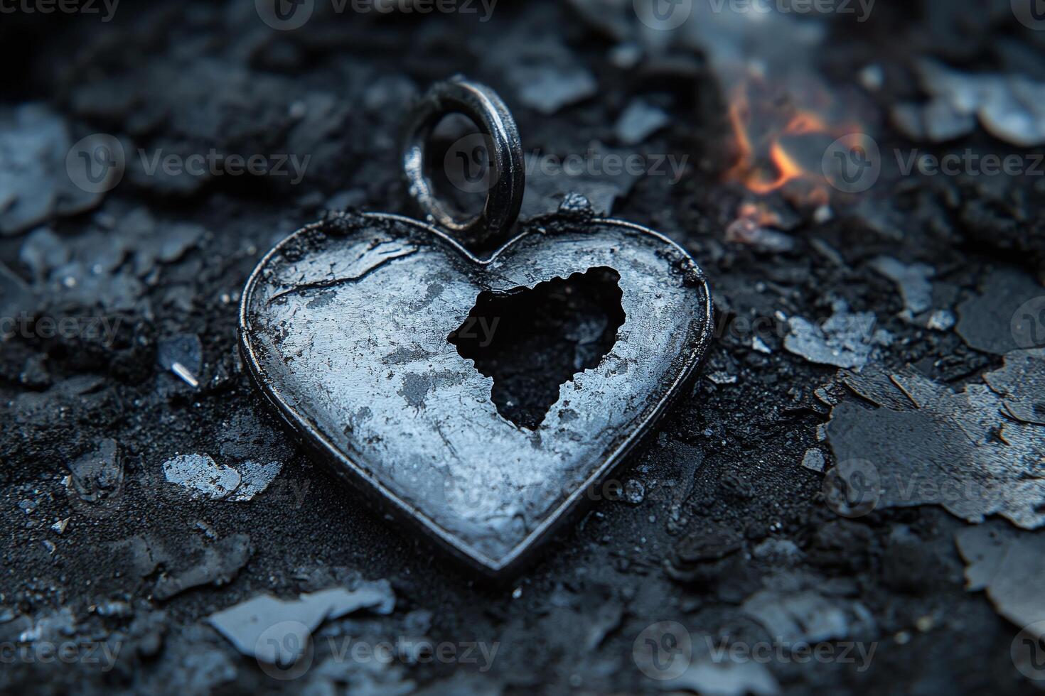Burnt Metallic Heart Pendant with Jagged Edges on Charred Ash Background Representing Heartbreak and Resilience photo