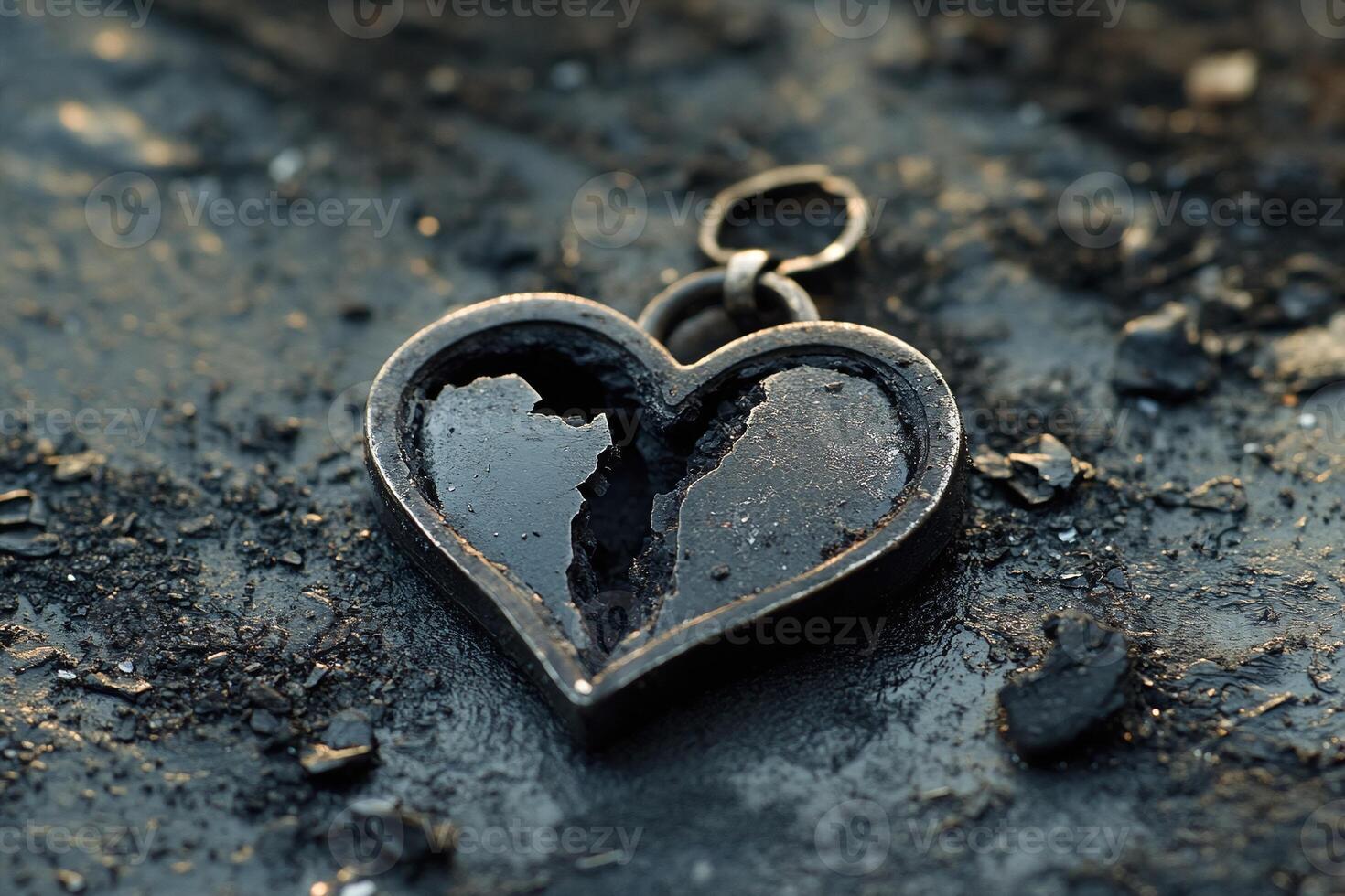 Closeup of Broken Heart Shaped Metal Pendant on Dark Cracked Ground Symbolizing Heartbreak and Loss photo