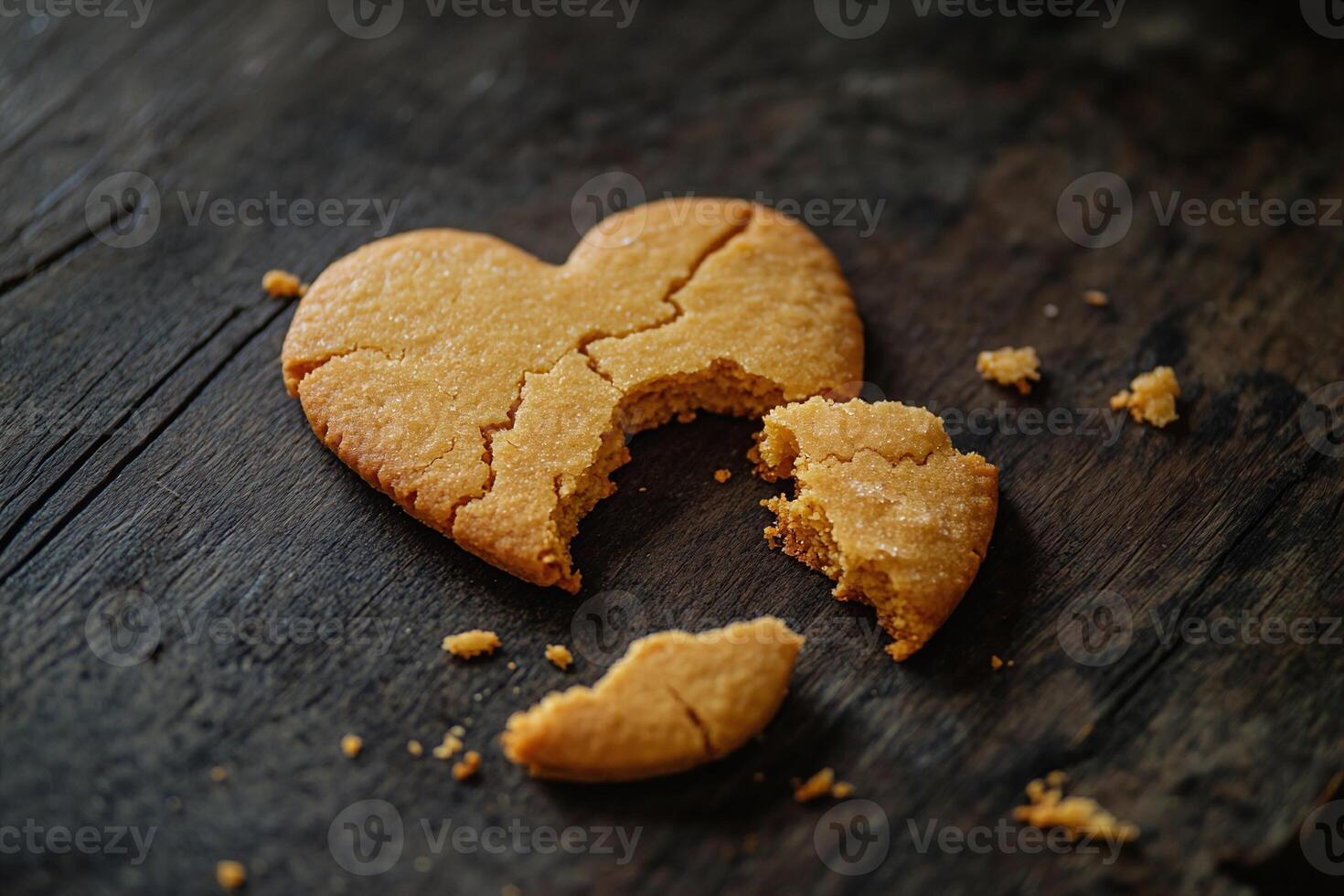 Broken Heart Shaped Cookie on Rustic Dark Wooden Table Symbolizing Love and Heartbreak Concept photo