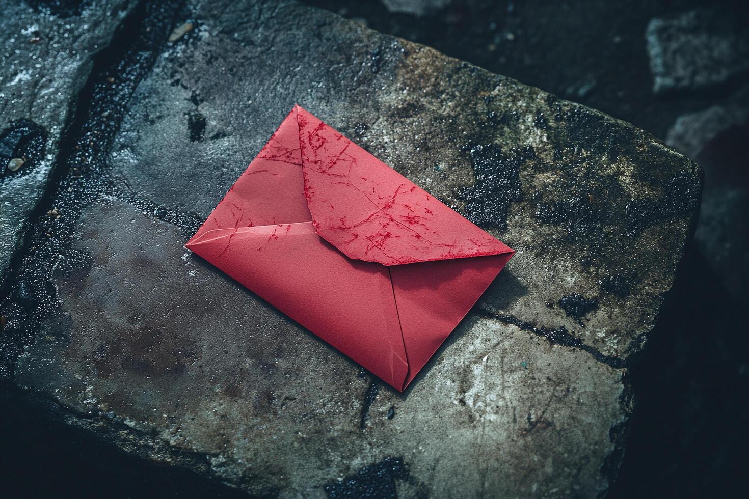Red Envelope with Blood Stains on Wet Stone Surface in Dark Mysterious Urban Setting photo