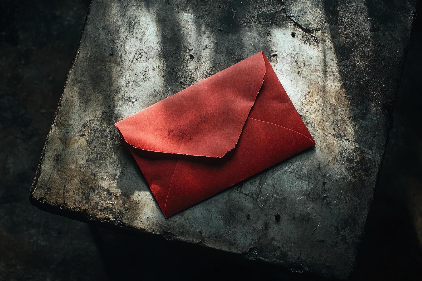 Red Envelope On Rustic Stone Surface With Dramatic Shadows Highlighting Texture And Contrast photo