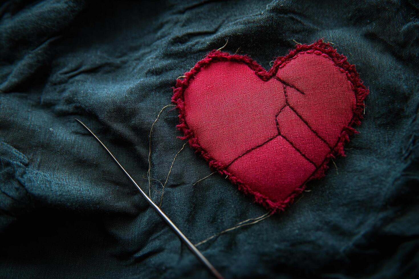 Red Fabric Heart with Stitching and Needle on Dark Textured Background for Creative Concepts photo
