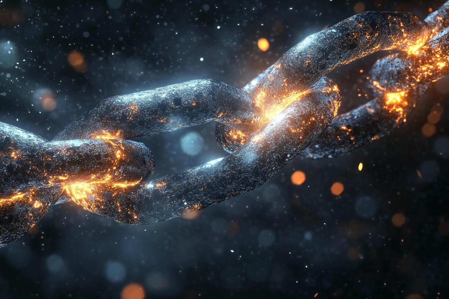 Closeup of Glowing Metal Chain Links with Fire Sparks on Dark Blurry Background Representing Strength and Unity photo