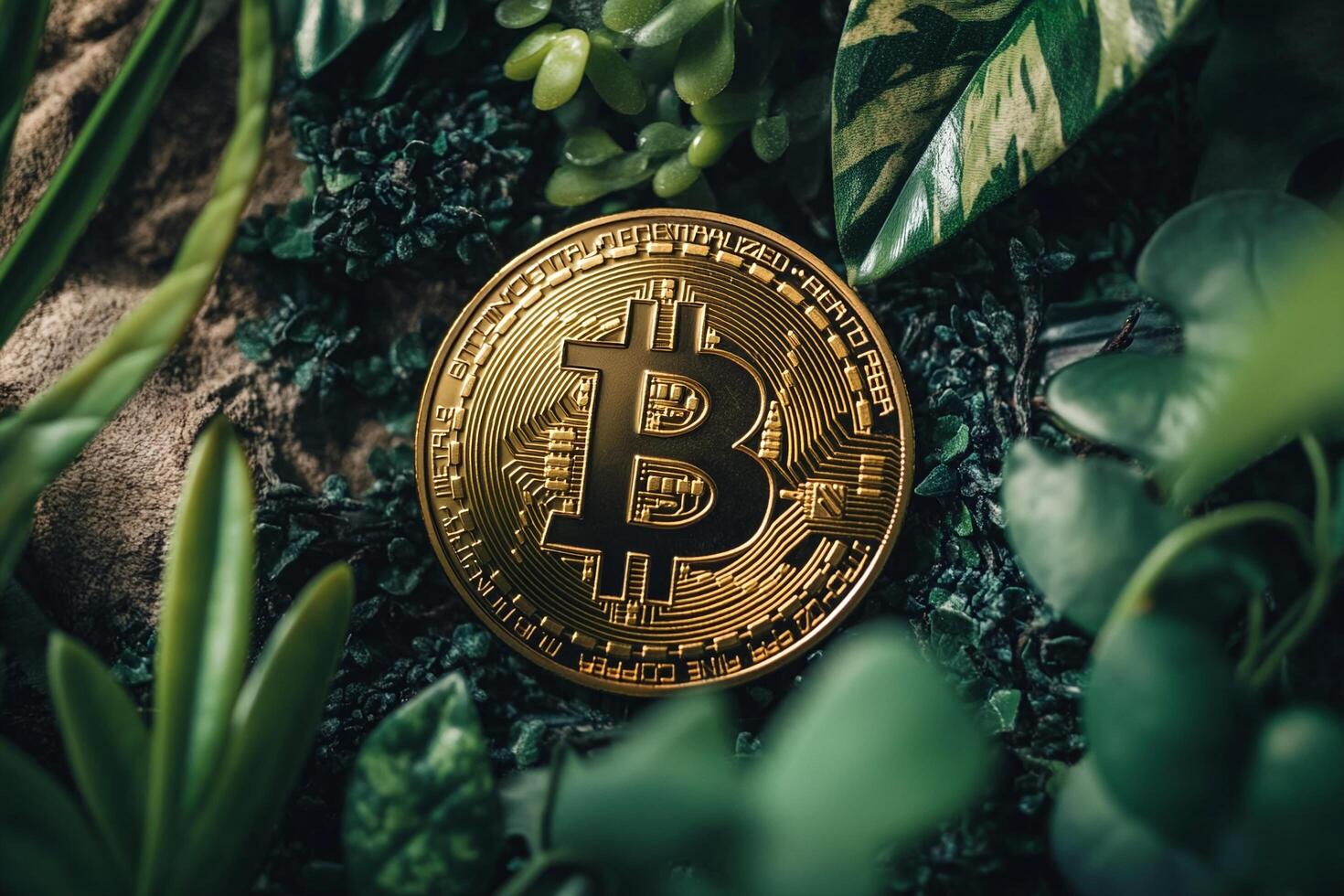 Golden Bitcoin Cryptocurrency Coin Among Lush Green Leaves and Natural Plant Backdrop photo