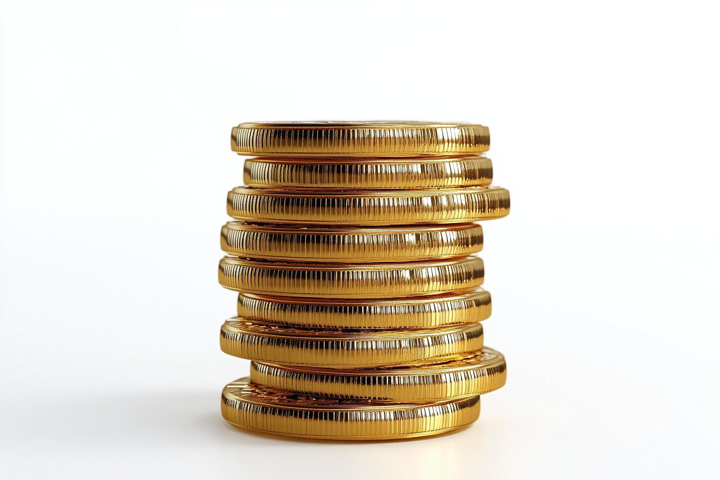 Stack of Shiny Golden Coins on White Background Representing Wealth Finance and Savings Concept photo