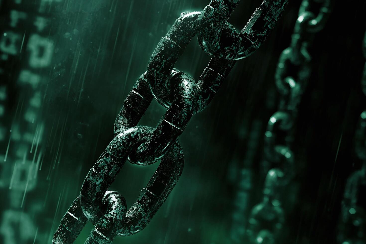 Closeup of Heavy Metal Chain Links in Dark Green Misty Background with Digital Binary Code and Rain photo