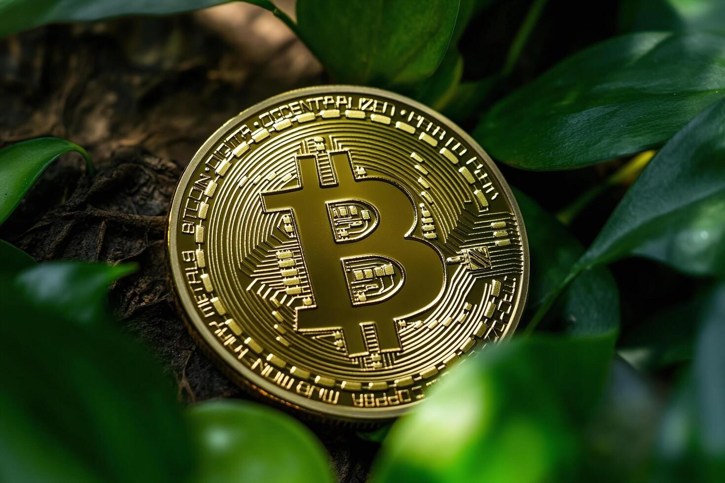 Gold Bitcoin Cryptocurrency Coin on Natural Green Leaf Background Symbolizing Eco Finance Concept photo