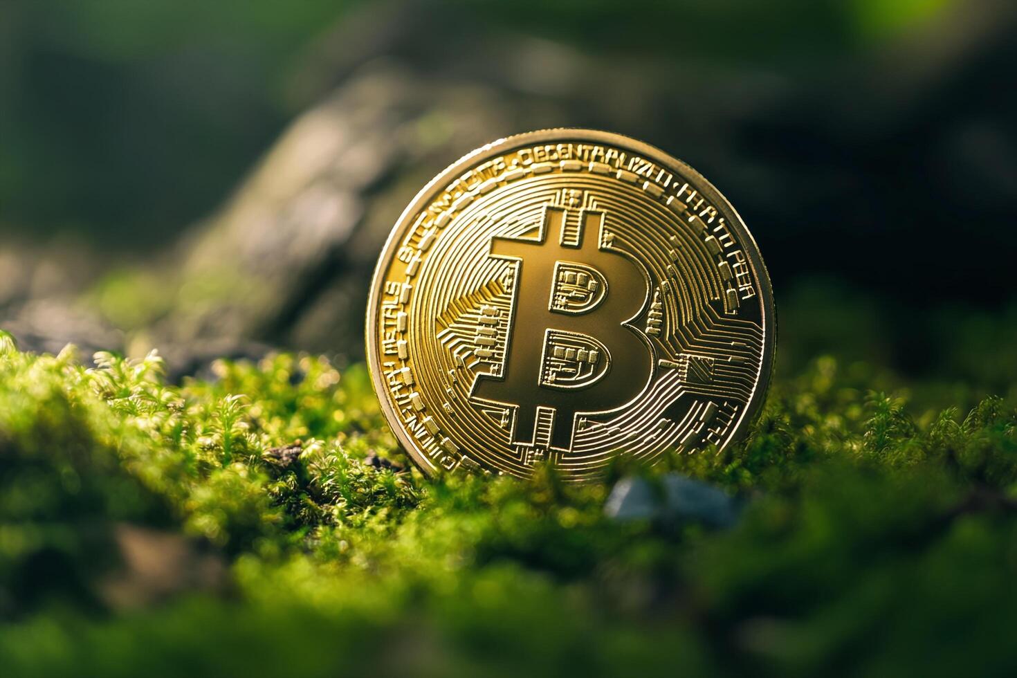 Gold Bitcoin Cryptocurrency Coin on Green Moss with Natural Background Representing Digital Finance photo